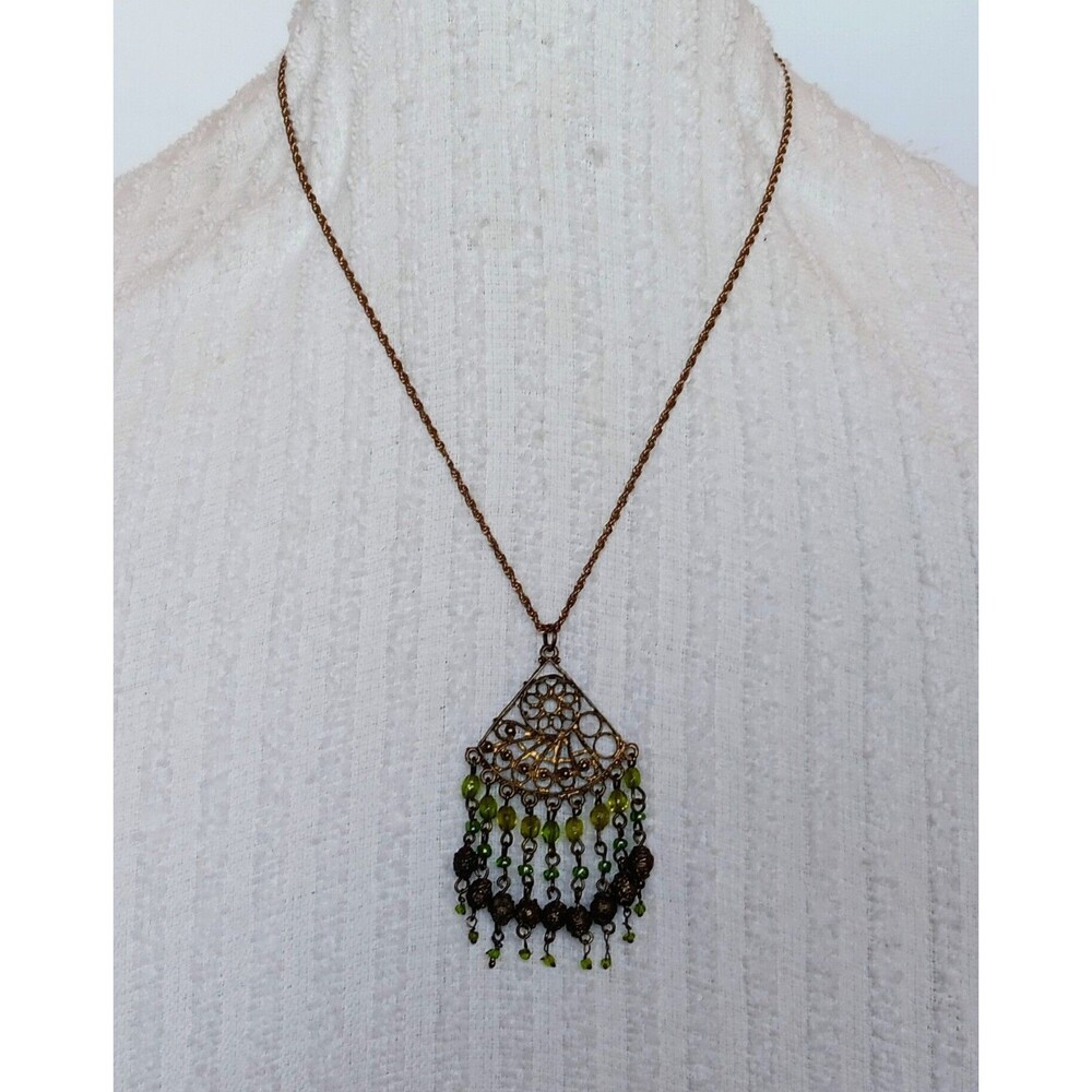 Antique Czech Brass & Green Glass Chandelier Pendant Necklace 18 in